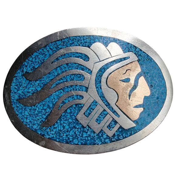 Vintage Alpaca Mexico Belt Buckle Blue Inlay Native Chief 3.5x2.5 - Picture 1 of 5